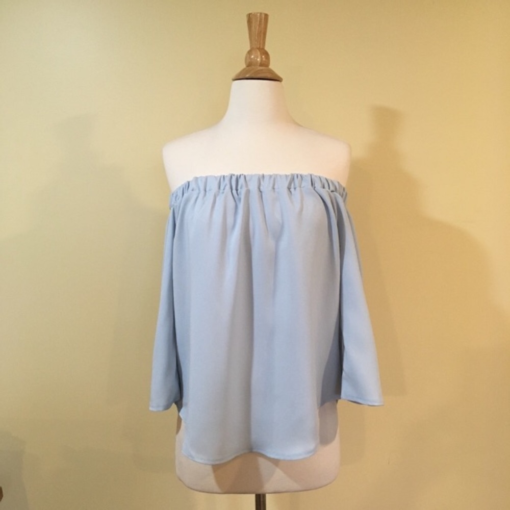 Off Shoulder Bow Tie Back Shirttail Hem Blouse Baby Blue - Picture 2 of 4